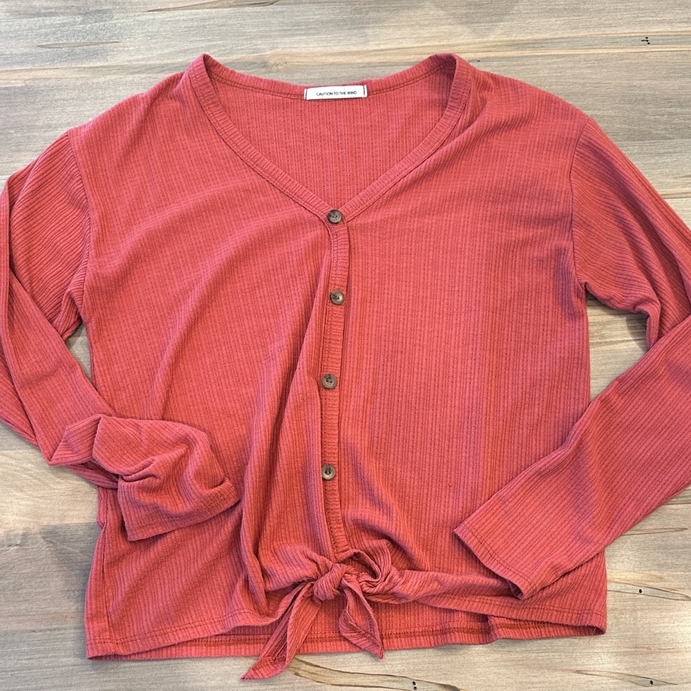 Caution to the Wind Button-Down Top with Bottom Tie